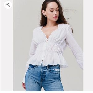 NWT Frame Women’s Rocuhed V-neck Long Sleeve Blouse White Medium
